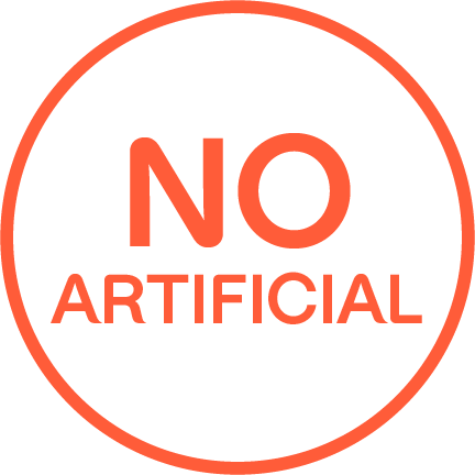 "NO ARTIFICIAL" in white circle with orange writing