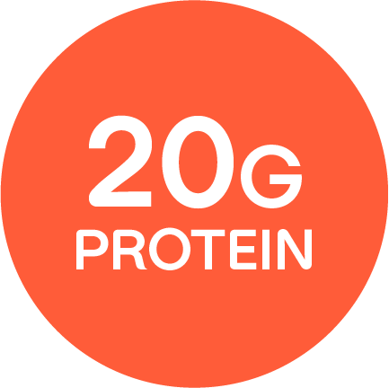 "20G PROTEIN" written in an orange circle.