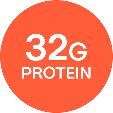 "32G PROTEIN" written in an orange circle.