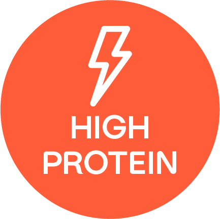 Lightening bolt image with words "HIGH PROTEIN" an orange circle.