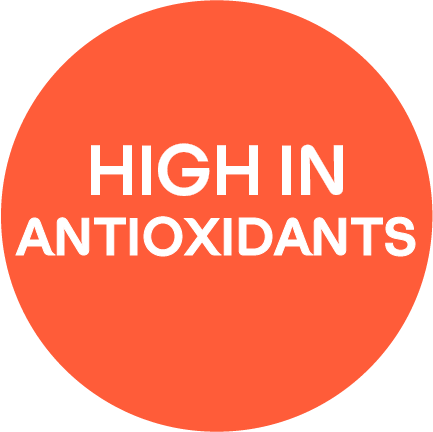 "HIGH IN ANTIOXIDANTS" written in an orange circle