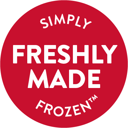 A red circle with the words "Freshly Made, Simply Frozen™" written in white.