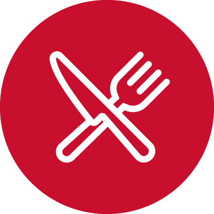 A red circle with a white illustrated fork and knife.