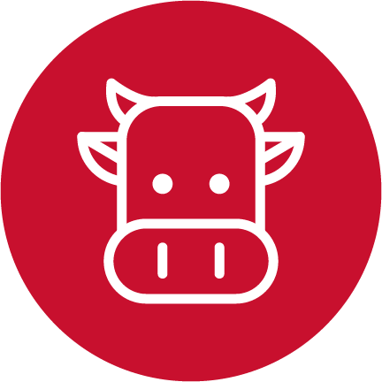 Un círculo rojo con el dibujo blanco de una vaca.