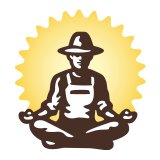 Drawing of man sitting cross legged in a yogi pose against the background of a yellow sun