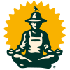 Drawing of man sitting cross legged in a yogi pose against the background of a yellow sun
