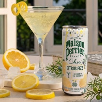 Photograph: lemon martini in a glass with lemon slices and a Maison Perrier Citrus Fizz can