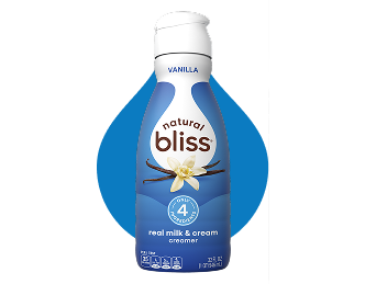 Blue bottle graphic labeled "natural bliss" vanilla fabric softener