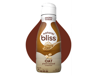 Packaging graphic: Natural Bliss oat plant-based creamer bottle, brown label, white cap.