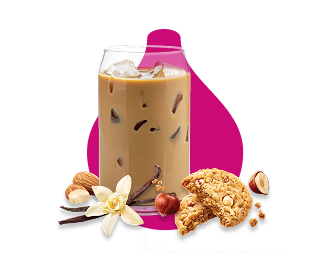 Graphic of iced coffee with ice in glass, vanilla flower, nuts and cookie on pink background