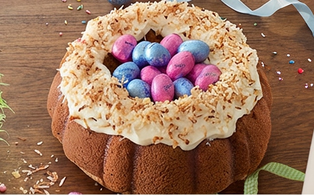 Photograph of a bundt cake with white frosting, toasted coconut and metallic pastel eggs