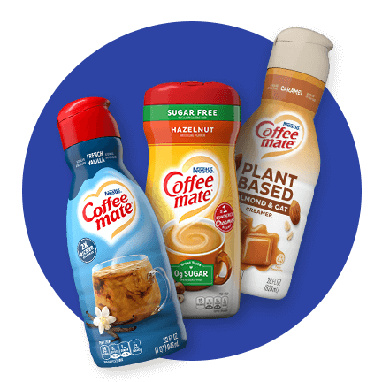  French Vanilla, Sugar Free Hazelnut, Caramel Almond & Oat creamers on blue circle.