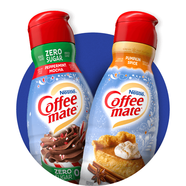 Bottles ofs Zero Sugar Peppermint Mocha and Pumpkin Spice creamer in a blue circle.