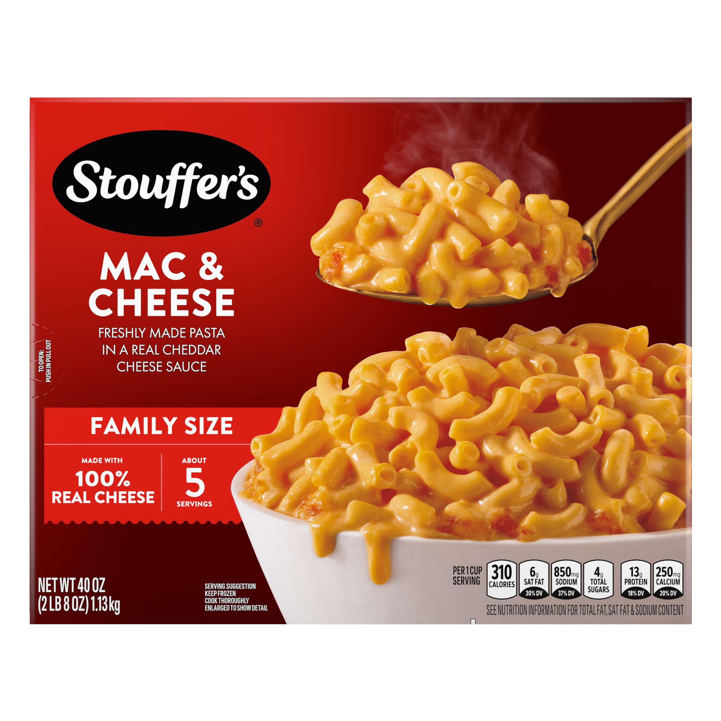 A box of macaroni & cheese featuring a plate of macaroni beside a fork and red casserole dish under a red label.