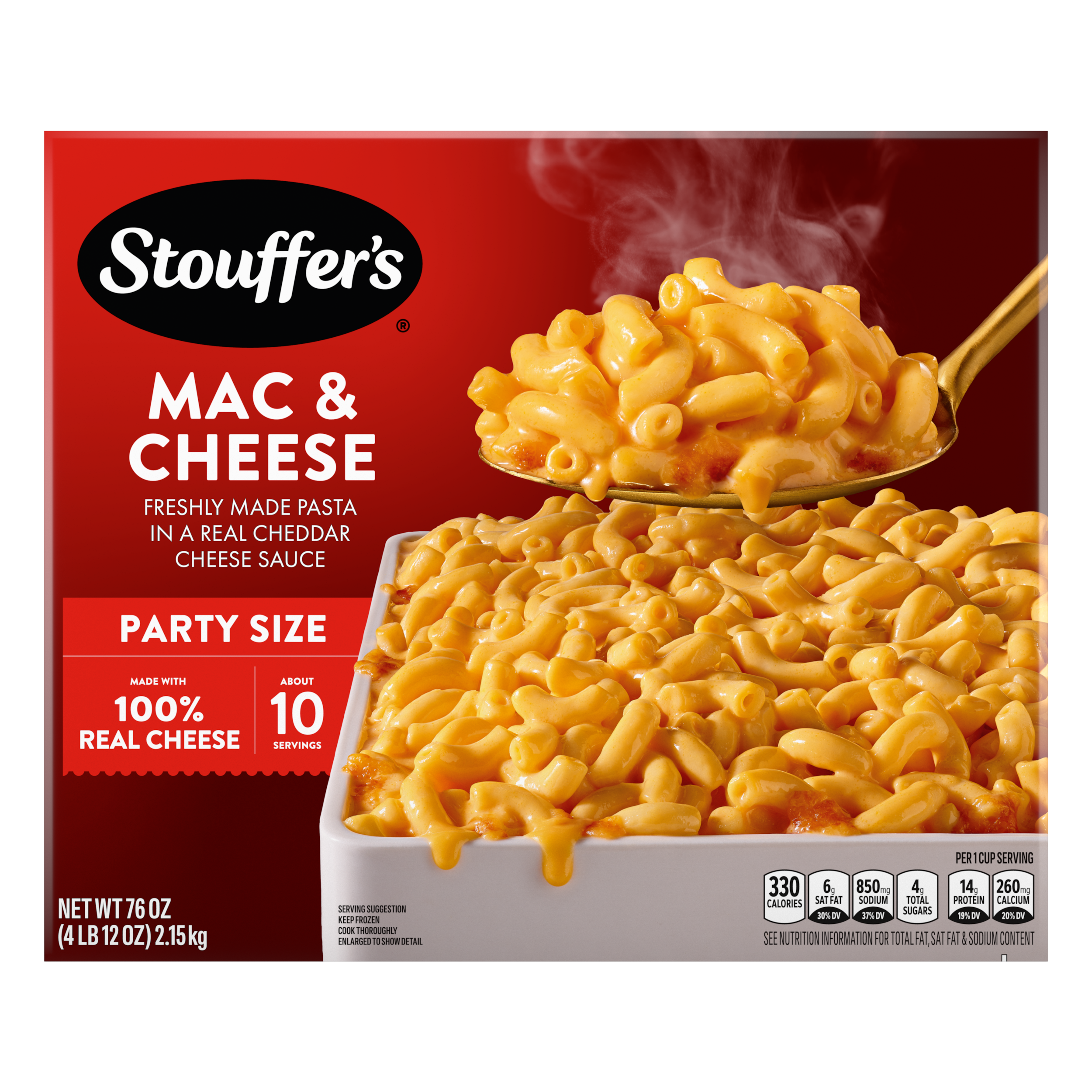 A box of macaroni & cheese featuring a red casserole dish filled with mac & cheese under a red label with the product name.