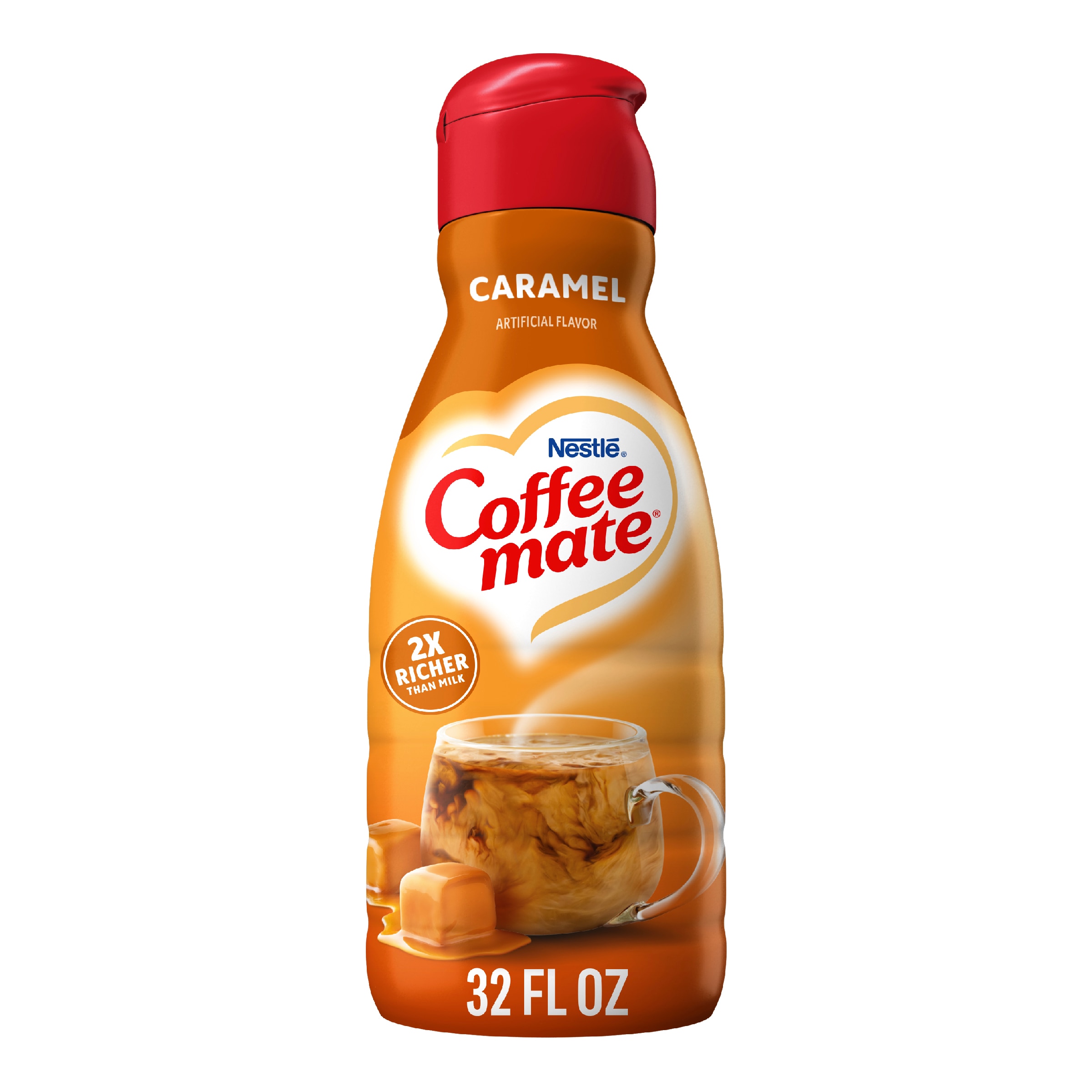 A bottle of Caramel Creamer with a red label above melting caramel squares and the product logo.