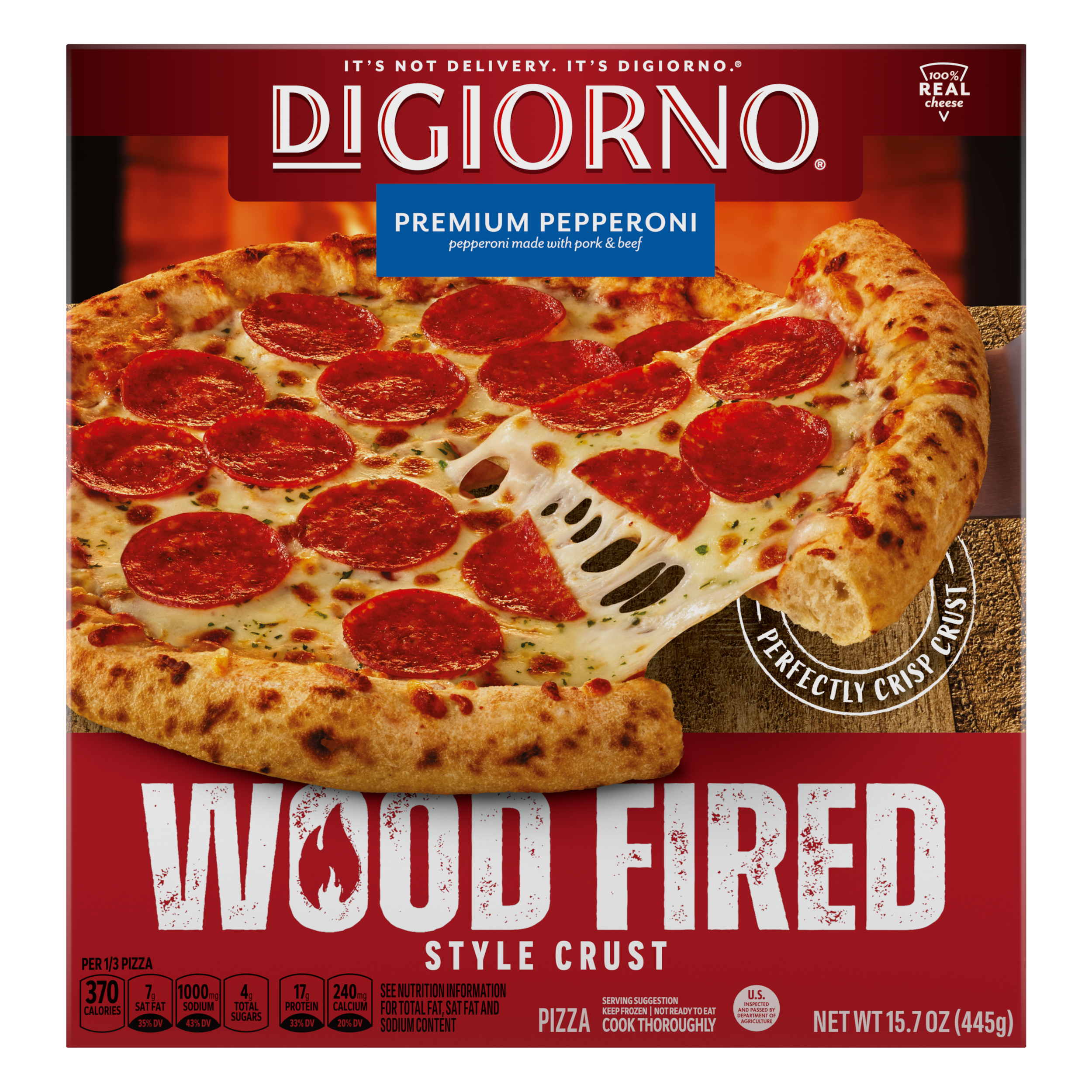 Front Center view of DIGIORNO Frozen Wood Fired Pizza Premium Pepperoni 15.7oz Box NET WT 15.7 oz (445g) product.