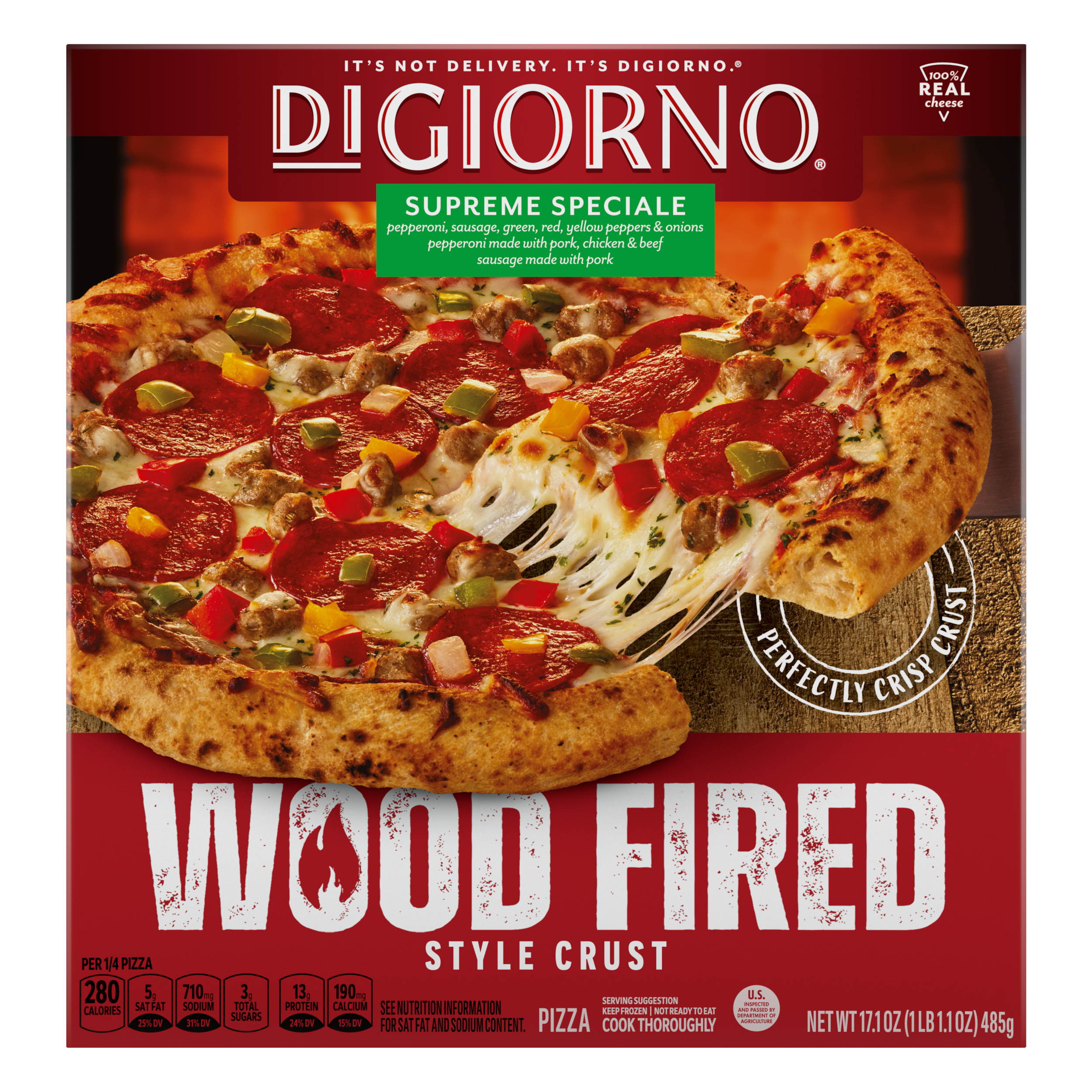 Front Center view of DIGIORNO Frozen Wood Fired Pizza Supreme 17.1oz Box NET WT 17.1 oz (1 lb. 1.1 oz) 485g product.