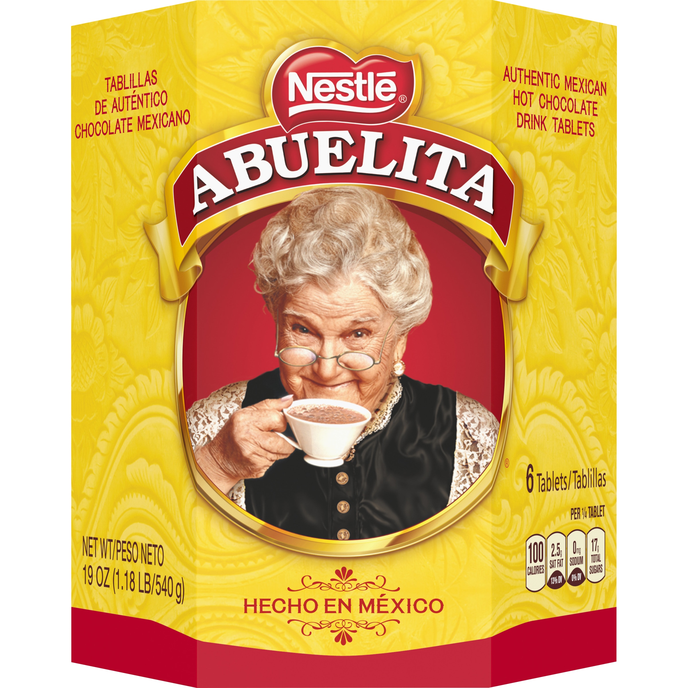 A yellow hexagonal box with the Abuelita logo, red designs and the words "HECHO EN MÉXICO."
