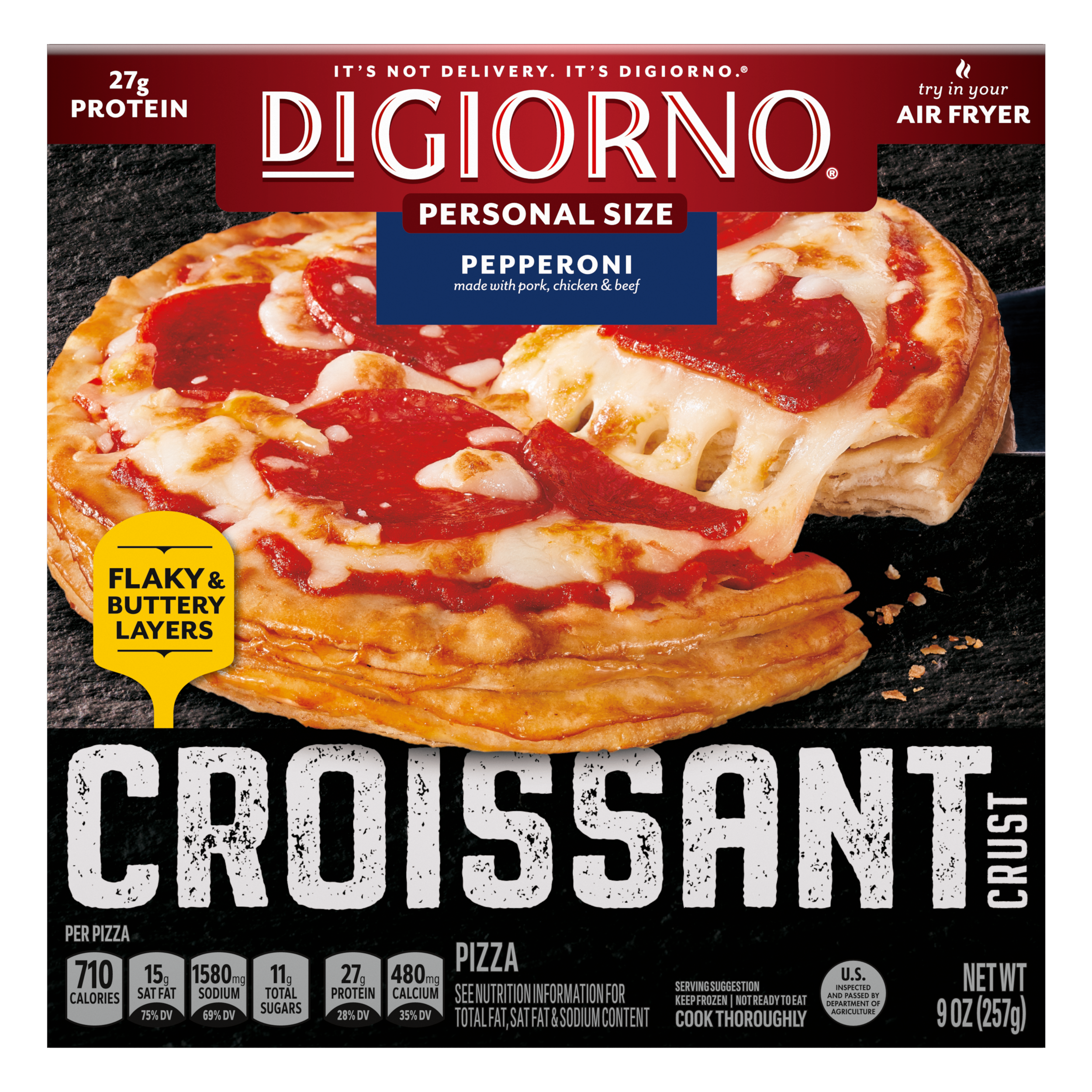 Box of DiGiorno Croissant Crust Personal Size Pepperoni Pizza with Flaky & Buttery Layers and Try in Your Air Fryer badges.