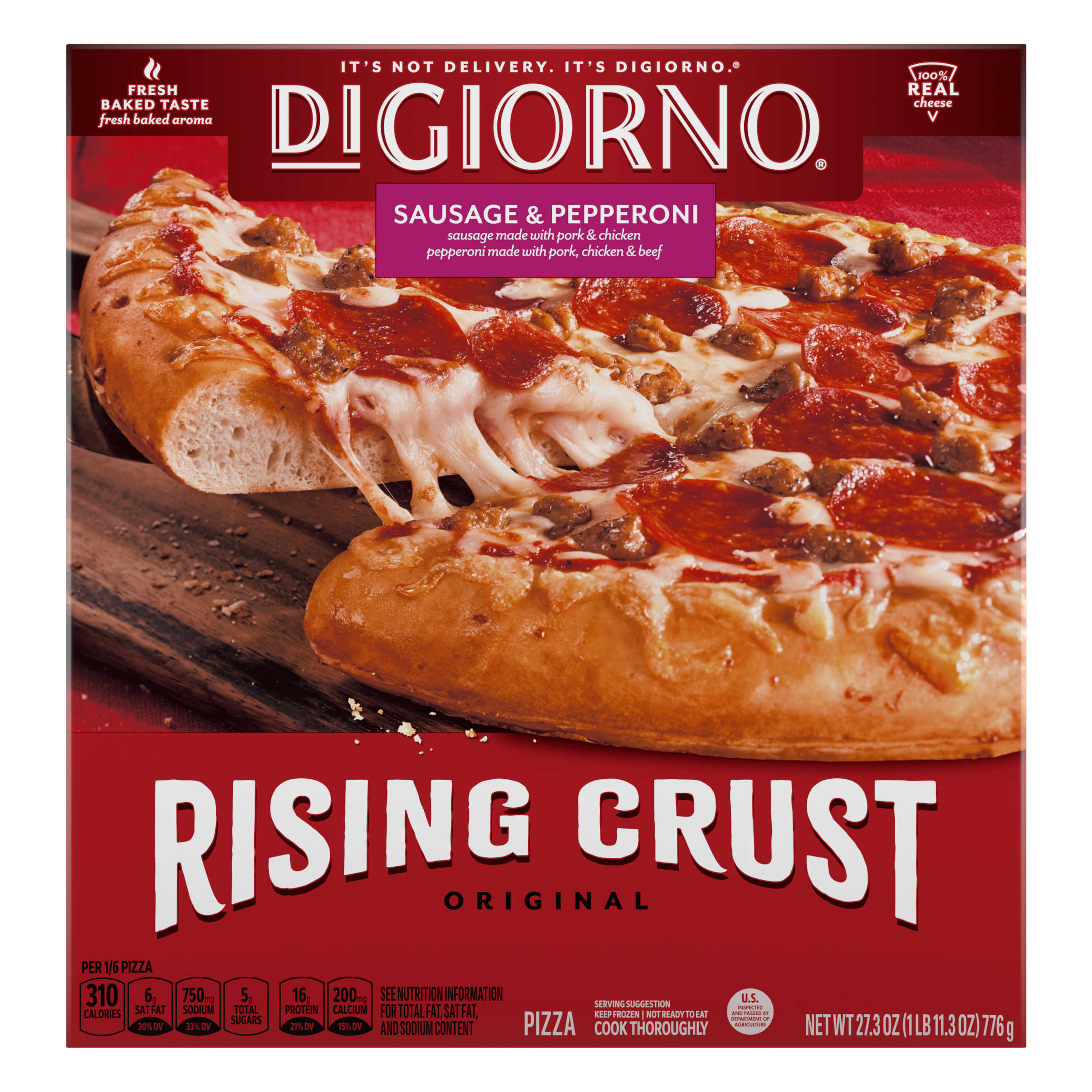 Caja de pizza Rising Crust Sausage & Pepperoni de DiGiorno con una porción sobre una tabla de cortar y el logotipo de Rising Crust.