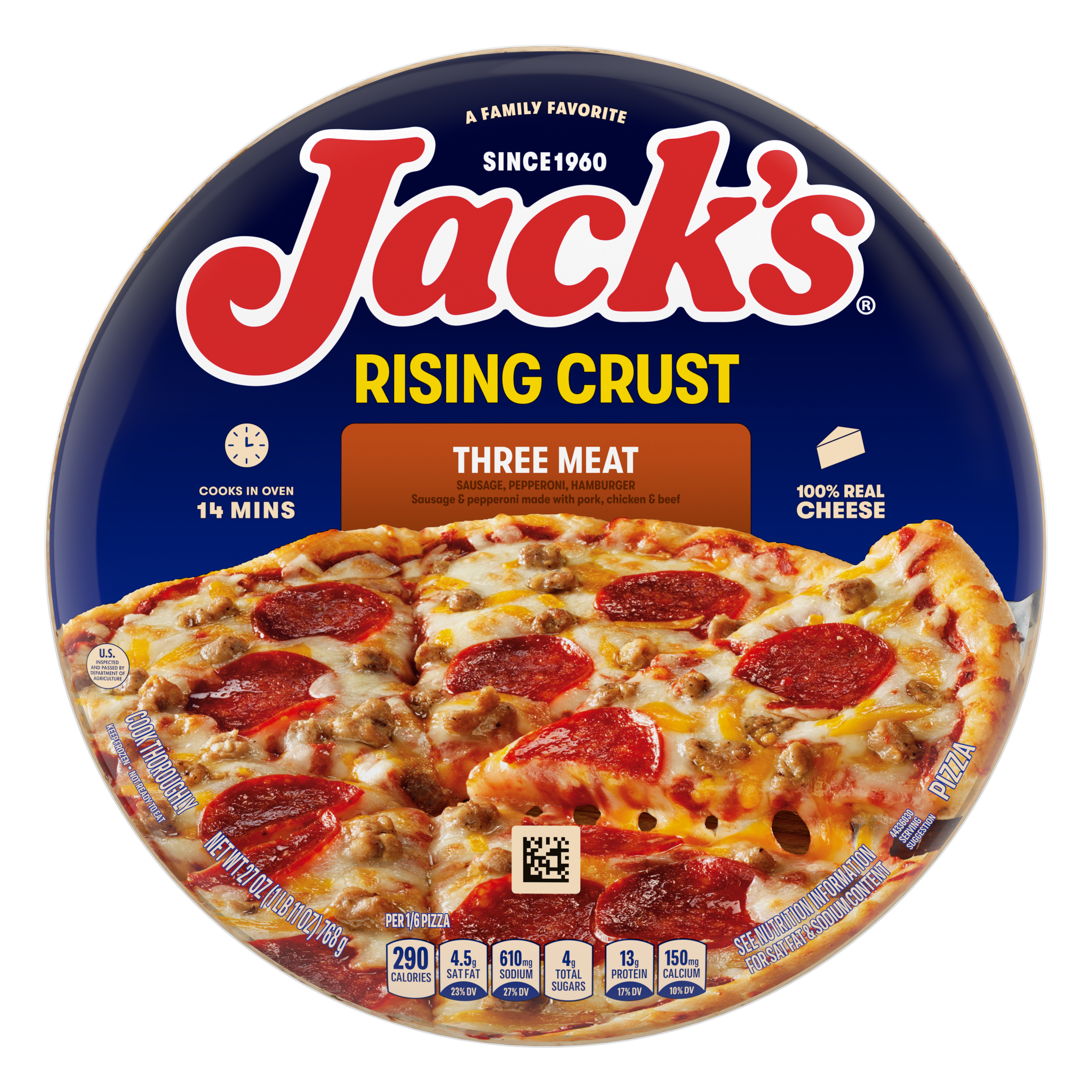 Un empaque de tres pizzas de carne con una etiqueta de color naranja oscuro, una espátula bajo una pizza y el logotipo de Jack's sobre un fondo azul.