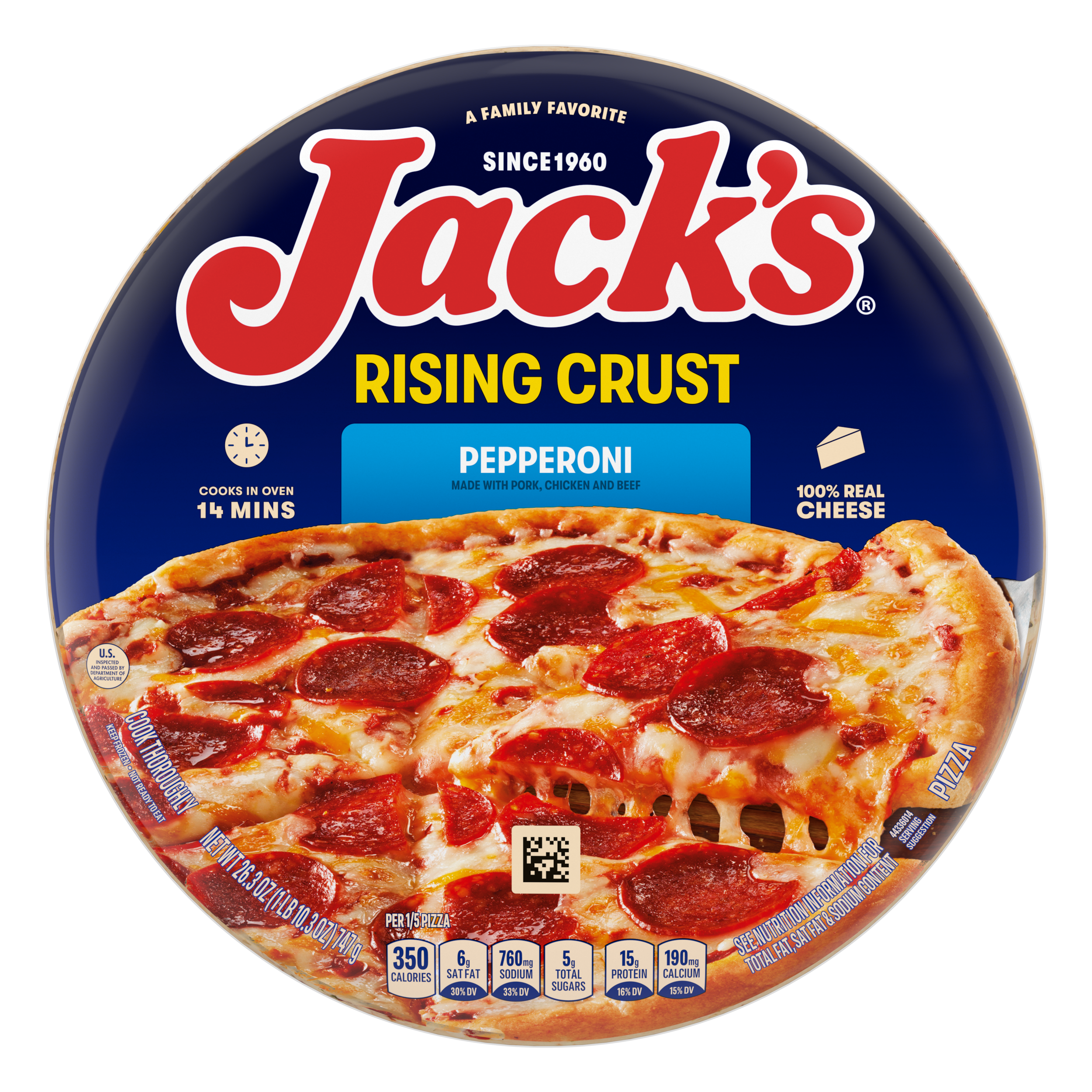 Un empaque de pizza de pepperoni con una etiqueta azul, una espátula que levanta una porción de pizza y el logotipo de Jack's sobre un fondo azul.