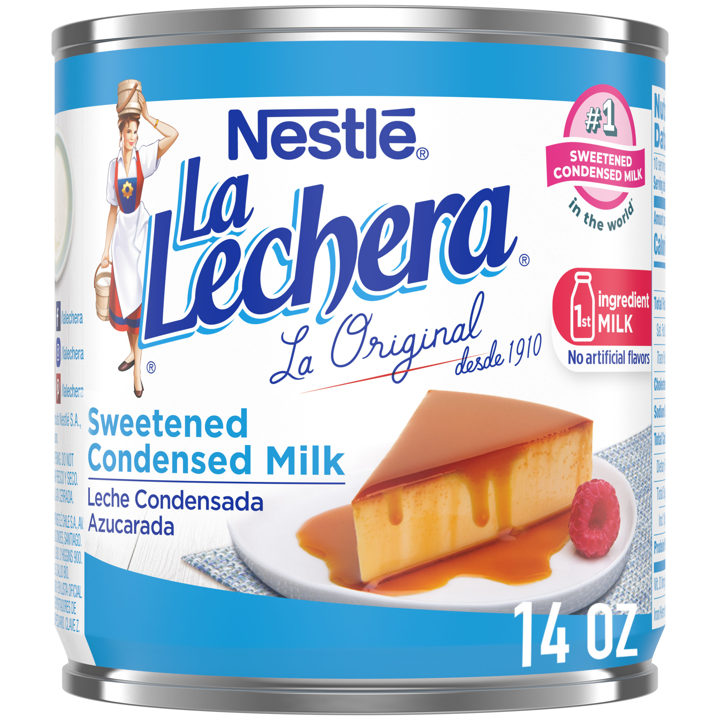 Una lata color blanco de leche condensada azucarada con etiquetas color azul junto al logo de La Lechera y un plato de flan.