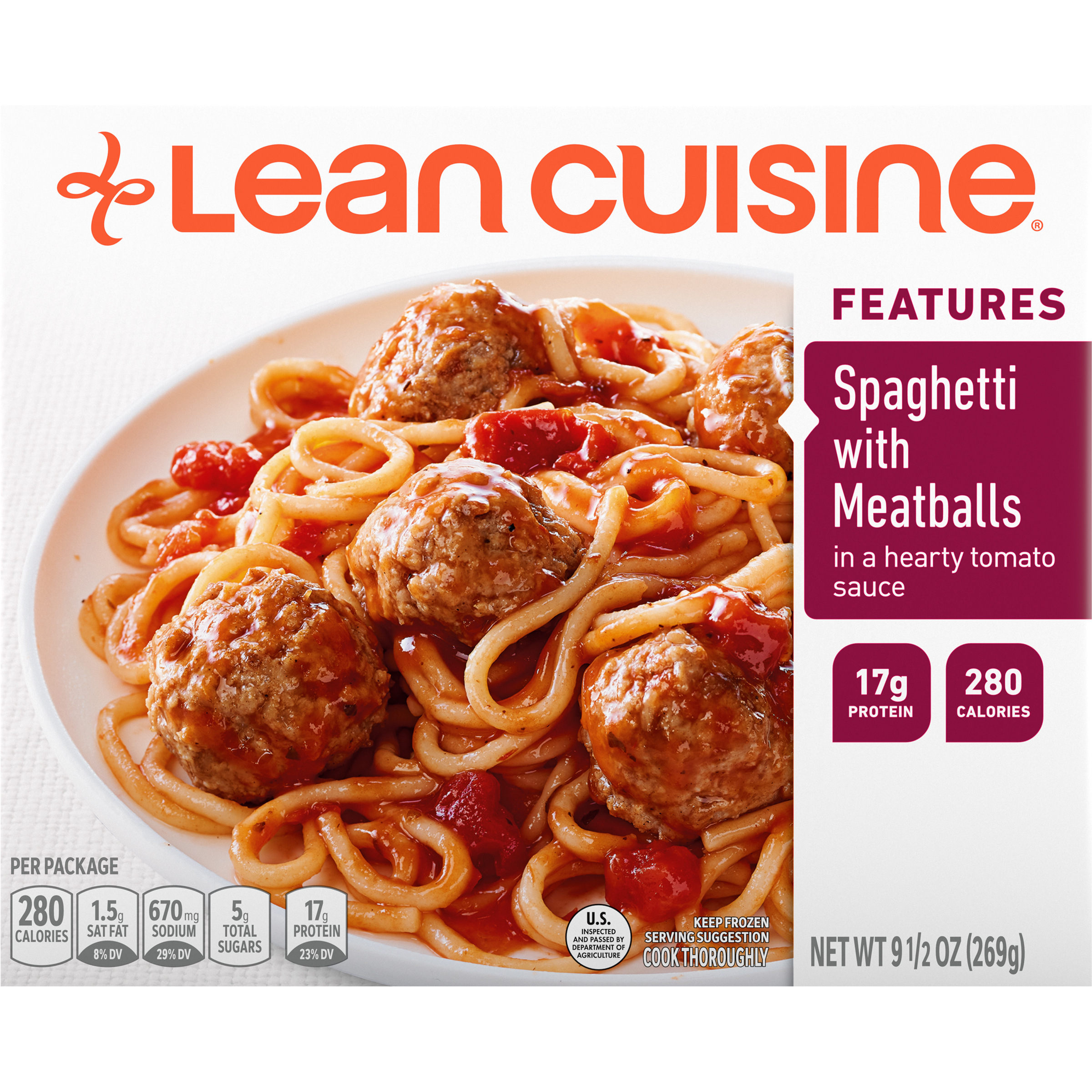 A box of Spaghetti with Meatballs with a favorites label near a bowl of spaghetti and meatballs in tomato sauce.