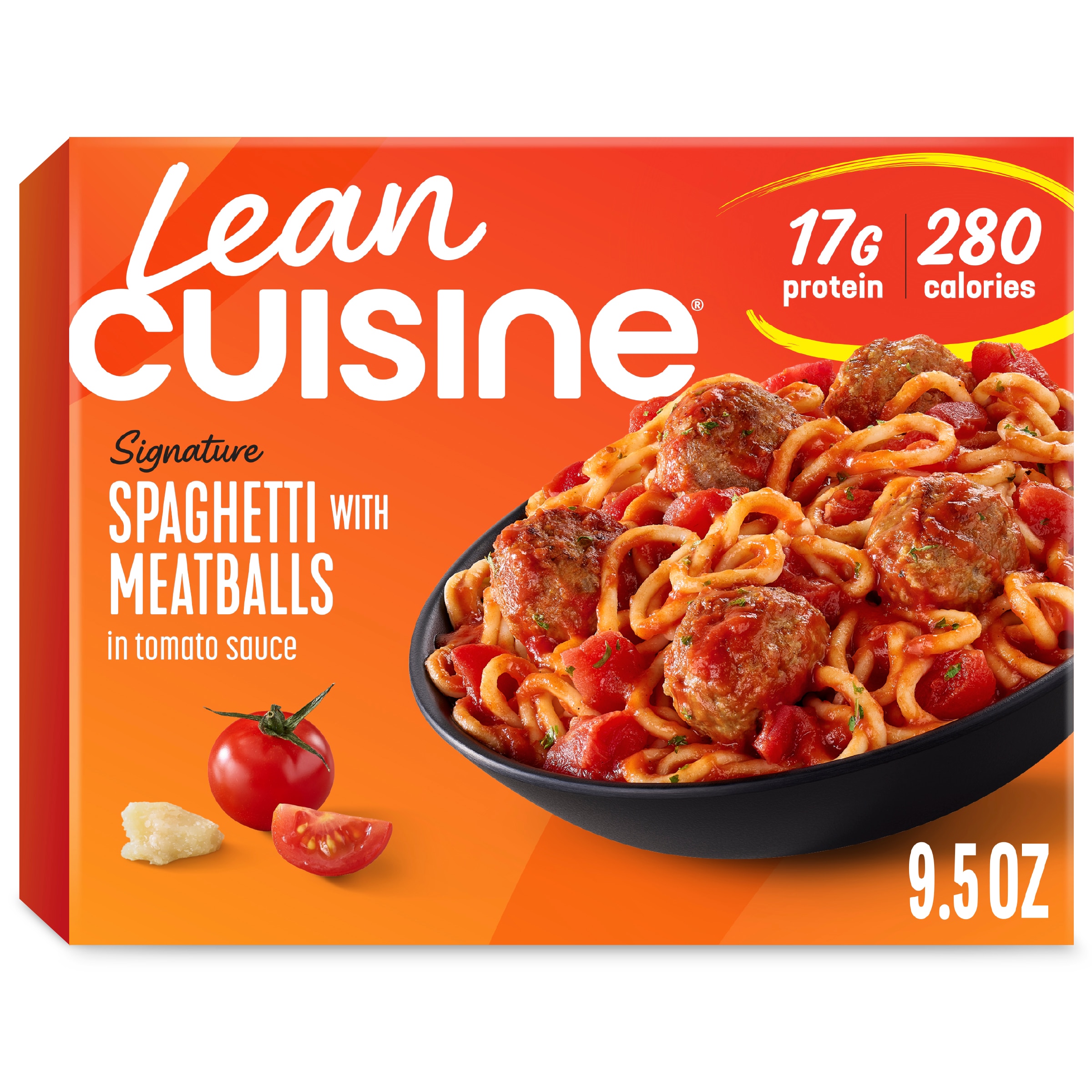 A box of Spaghetti with Meatballs with a Protein Kick label near a bowl of spaghetti and meatballs in tomato sauce.
