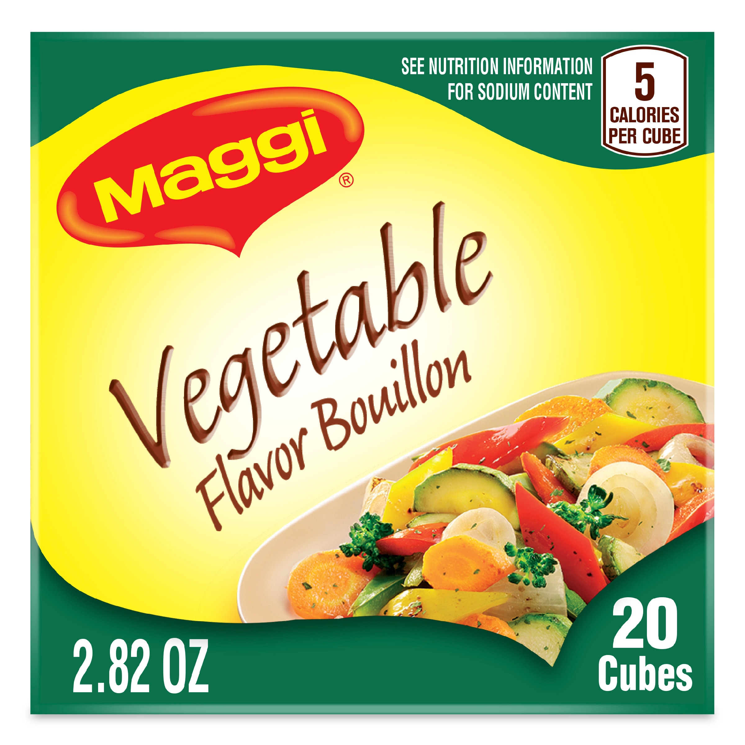 Foto con vista del frente de un paquete de Caldo sabor a verduras MAGGI de 20 cubitos con una imagen de una variedad de verduras picadas sobre un fondo amarillo brillante y verde oscuro.