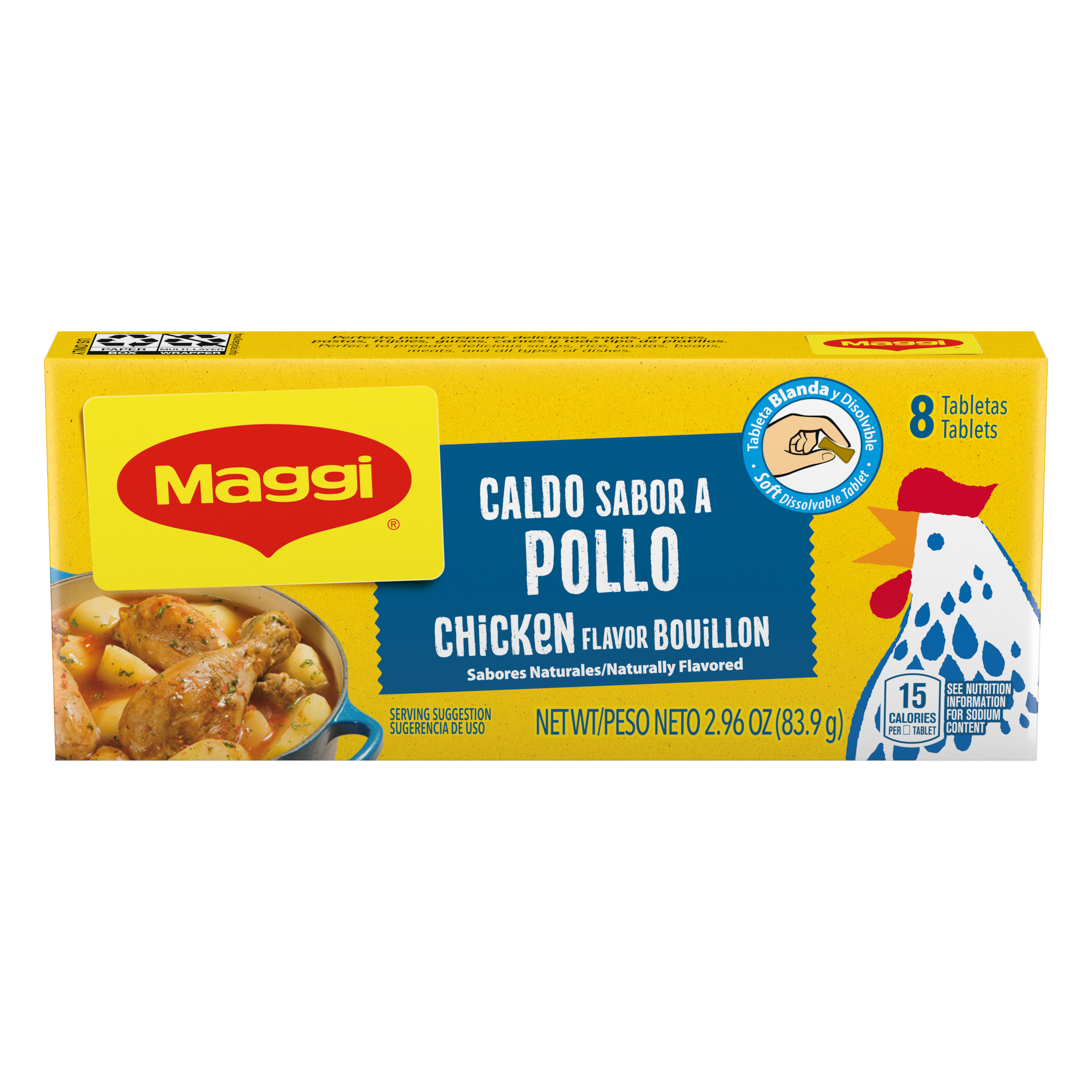 Vista frontal centrada de tabletas de caldo sabor pollo Maggi con PESO NETO 2.96 oz (83.9 g).