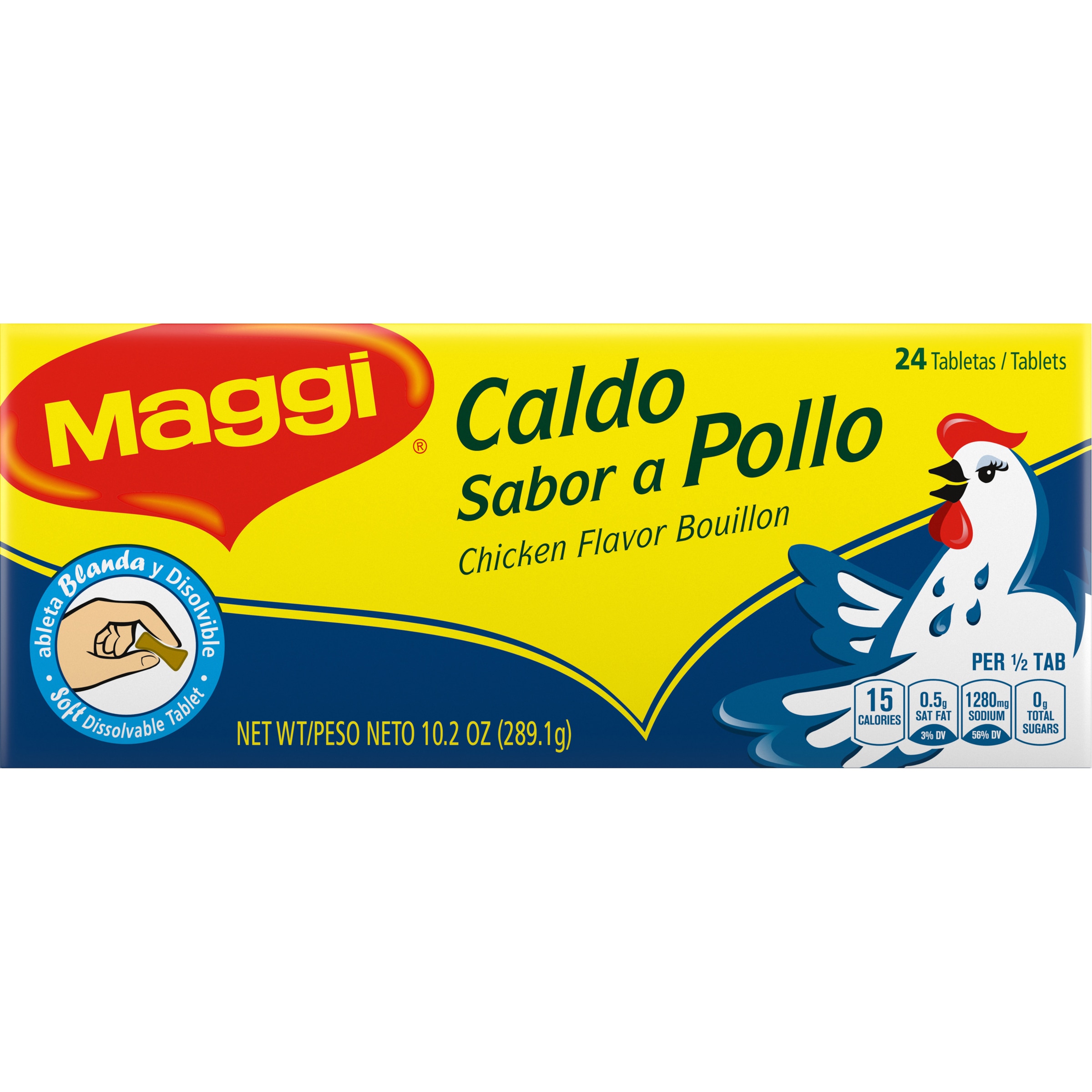 Foto con vista del ángulo derecho de un paquete de Caldo sabor a pollo MAGGI con 24 pastillas blandas con la ilustración de un pollo en una etiqueta azul oscuro y amarilla.