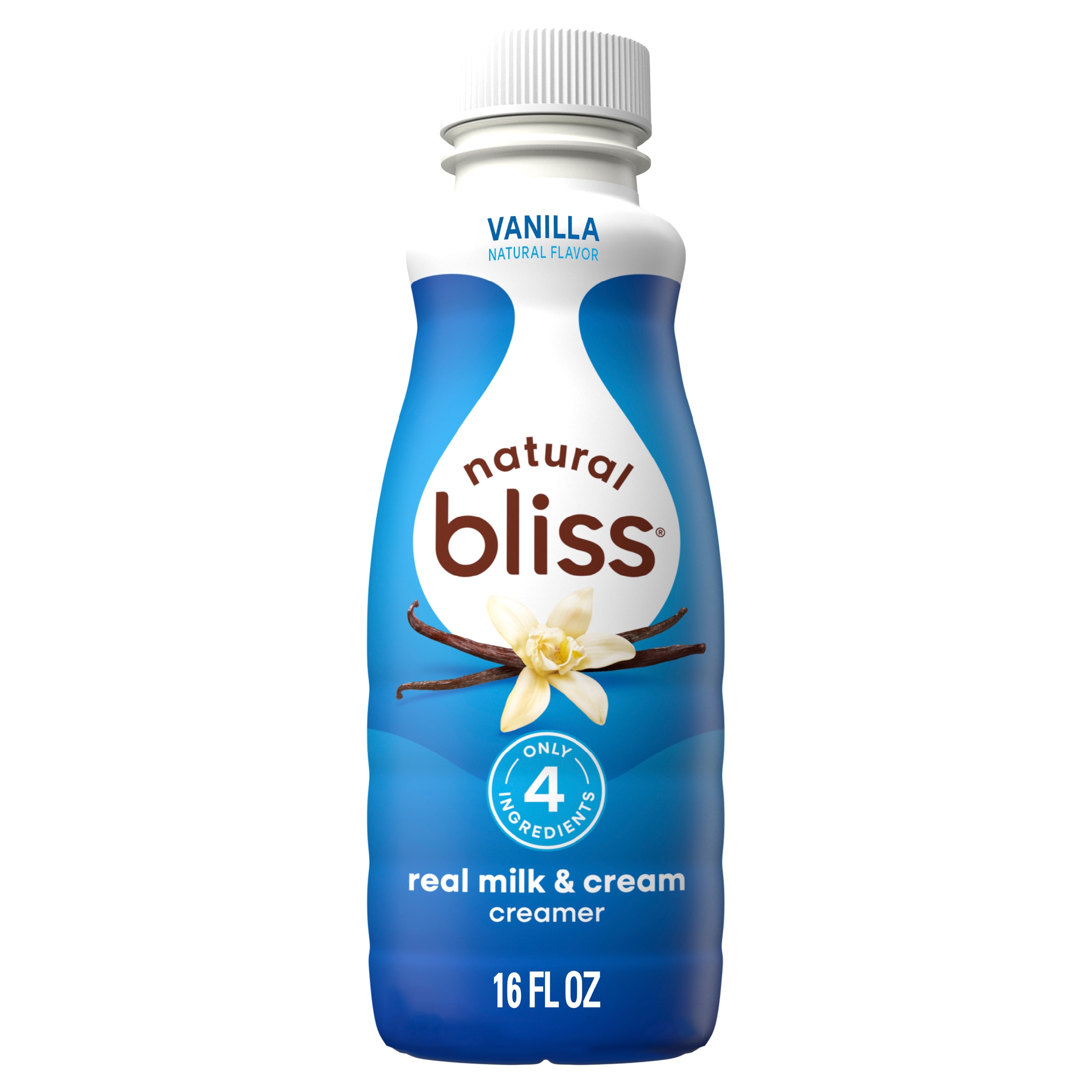 Botella blanca de creamer natural bliss Vanilla con etiqueta azul, vainas de vainilla y el nombre del producto.