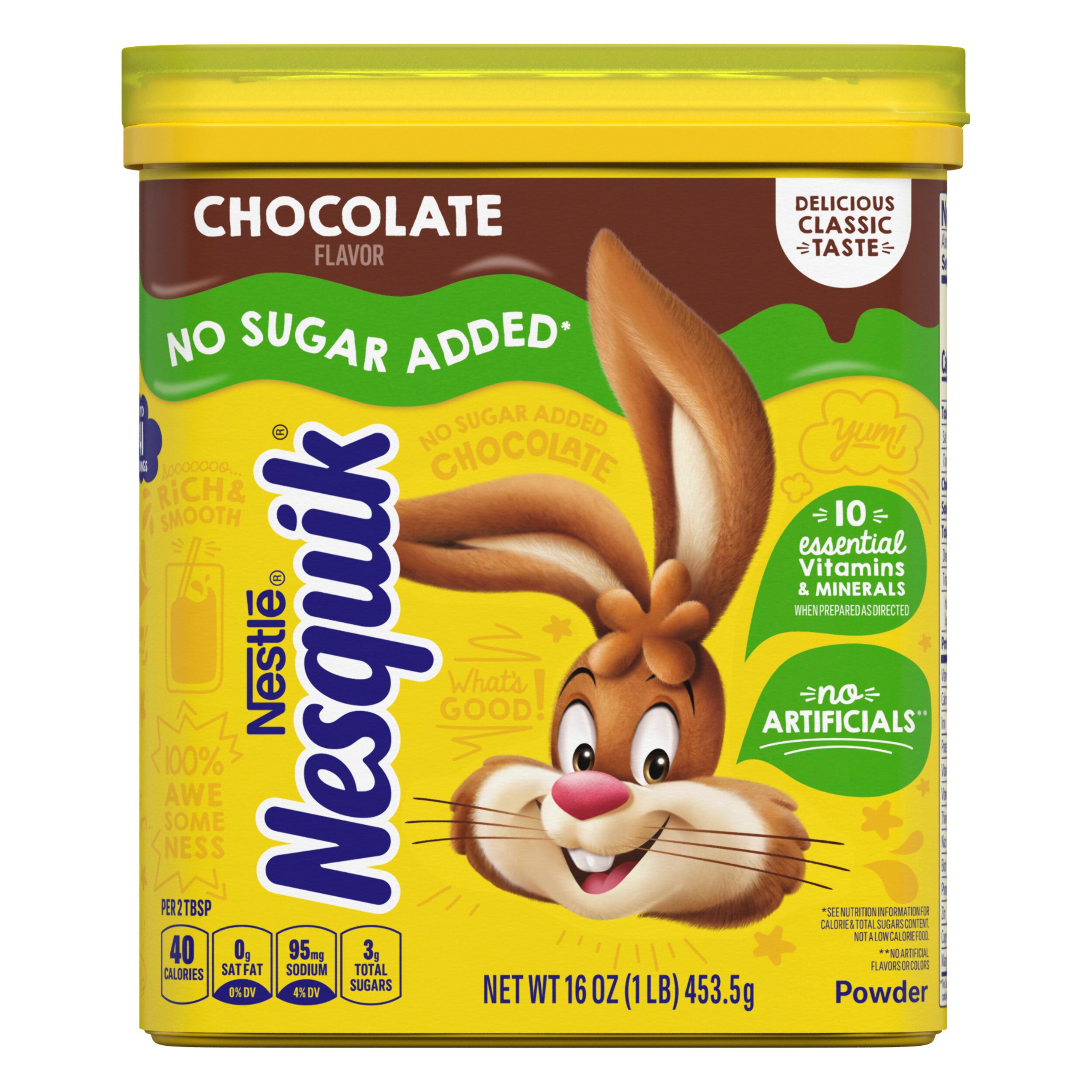 Un envase amarillo con el conejo Nesquik, una etiqueta verde que dice "Sin azúcar agregado" y un vaso de leche de chocolate.