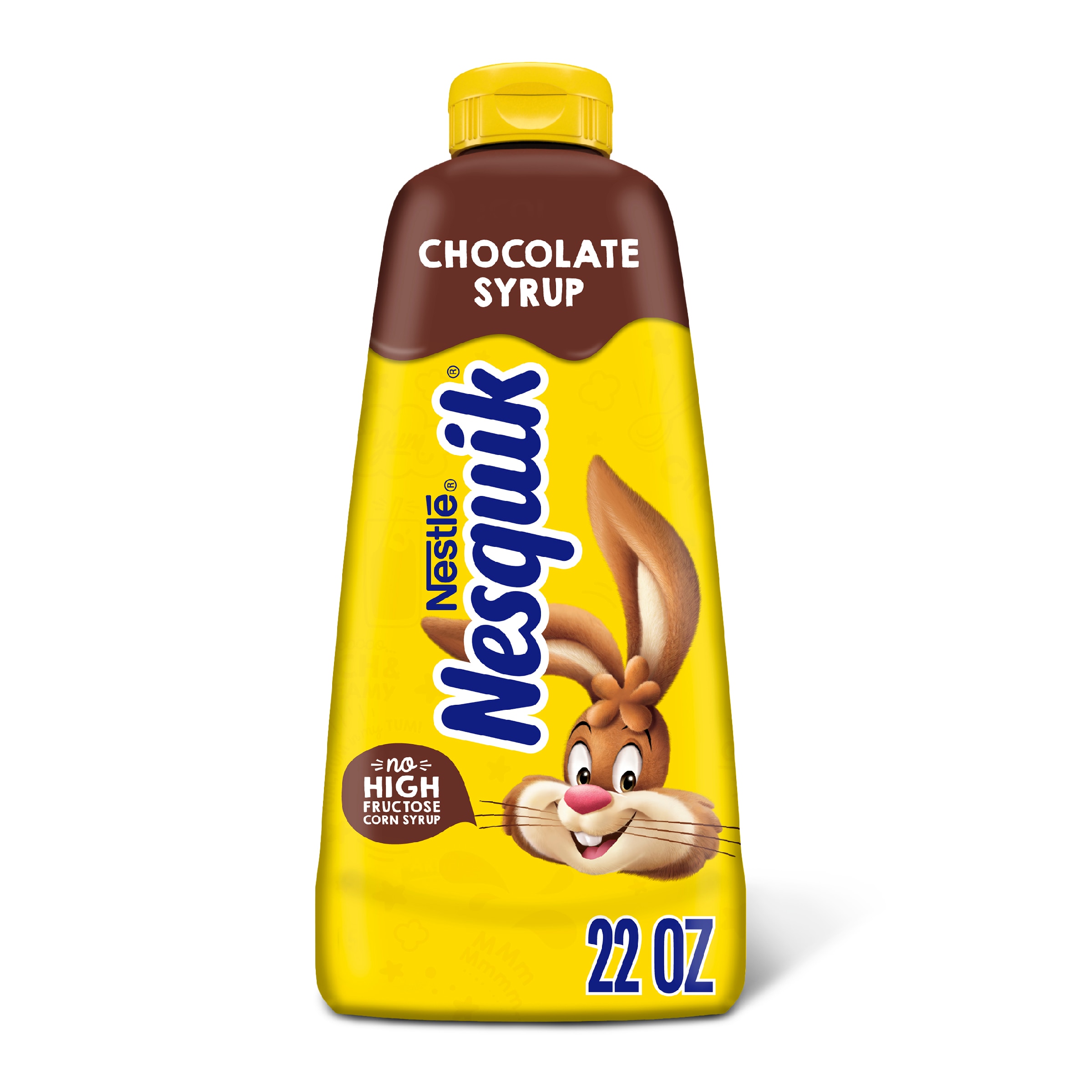 A yellow squeeze bottle with brown labels surrounding the Nesquik bunny.
