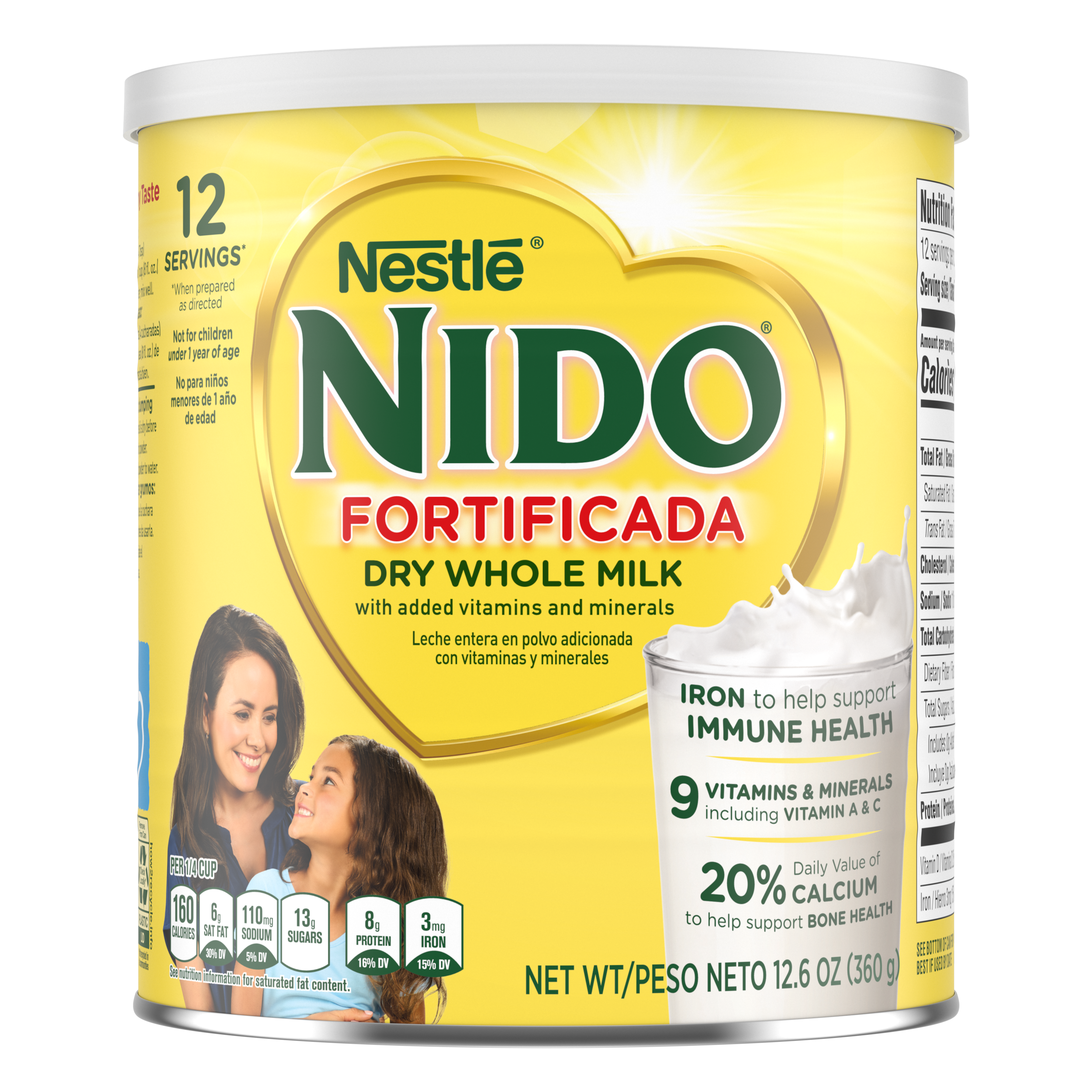 A canister of Nido Fortificada with a yellow label, white lid and gold heart above a glass of milk pouring.
