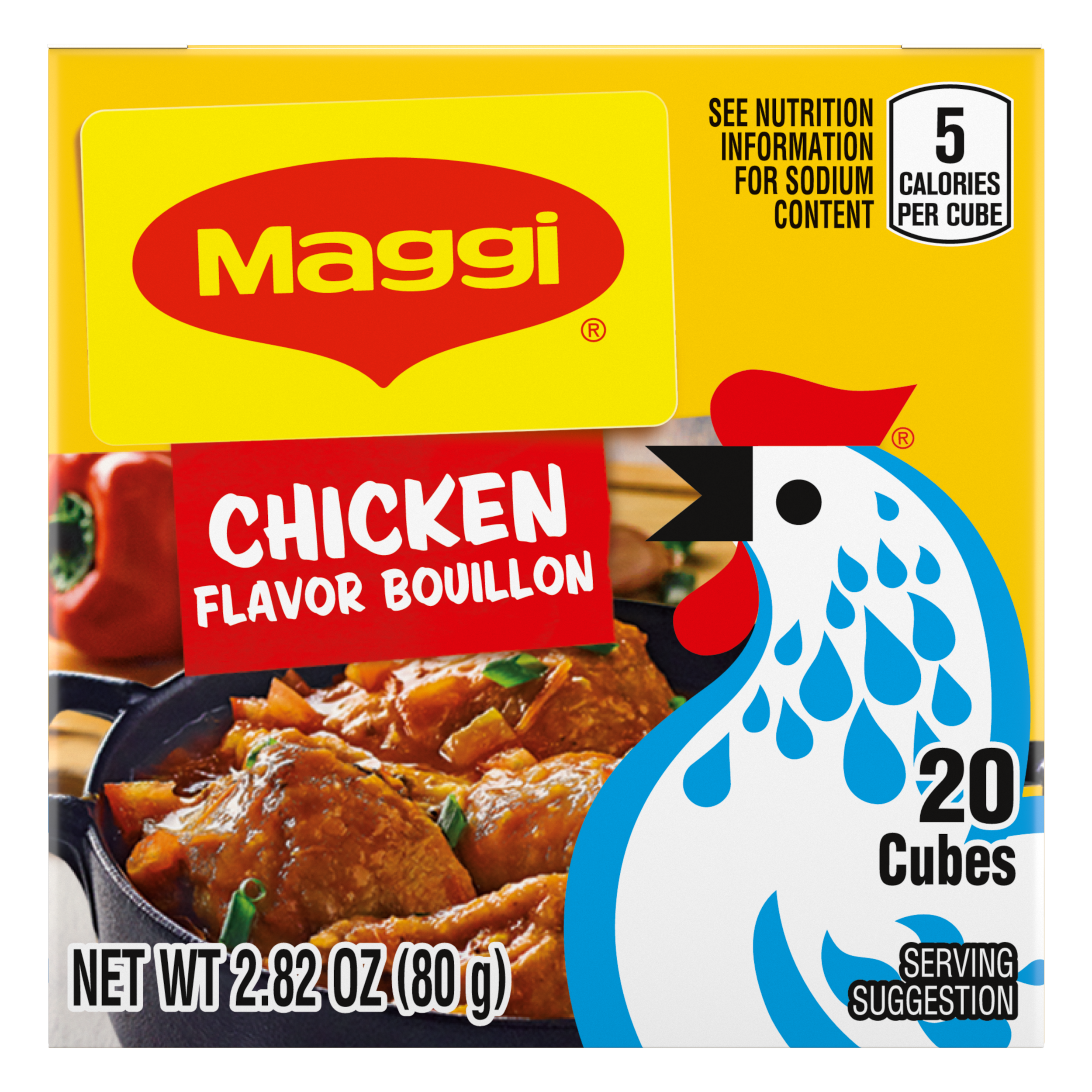 Caja de 20 cubitos de caldo MAGGI Chicken Bouillon con el dibujo de un pollo sobre una etiqueta azul y amarilla.