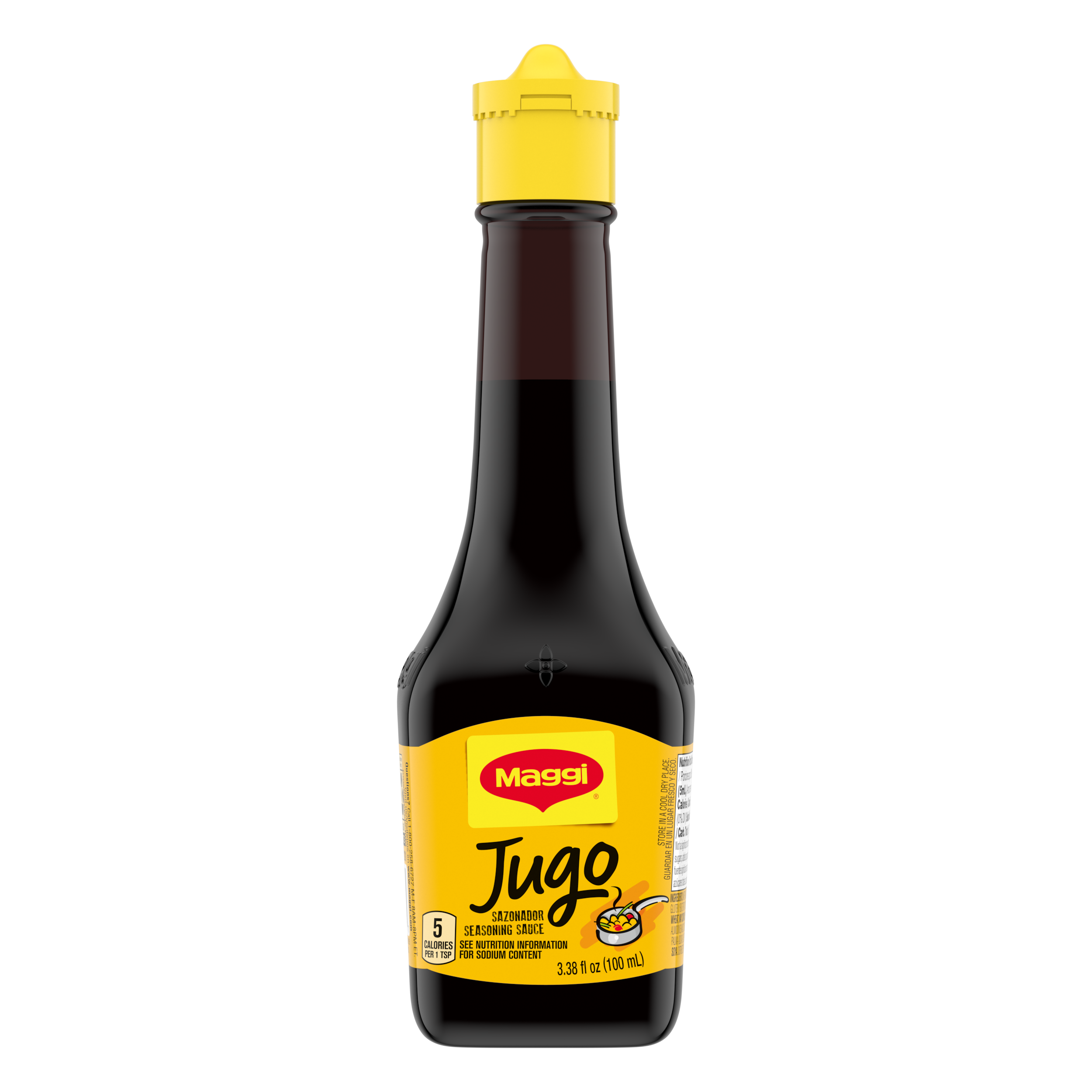 Paquete de sazonador Jugo MAGGI con una etiqueta amarilla brillante con el dibujo de una sartén.
