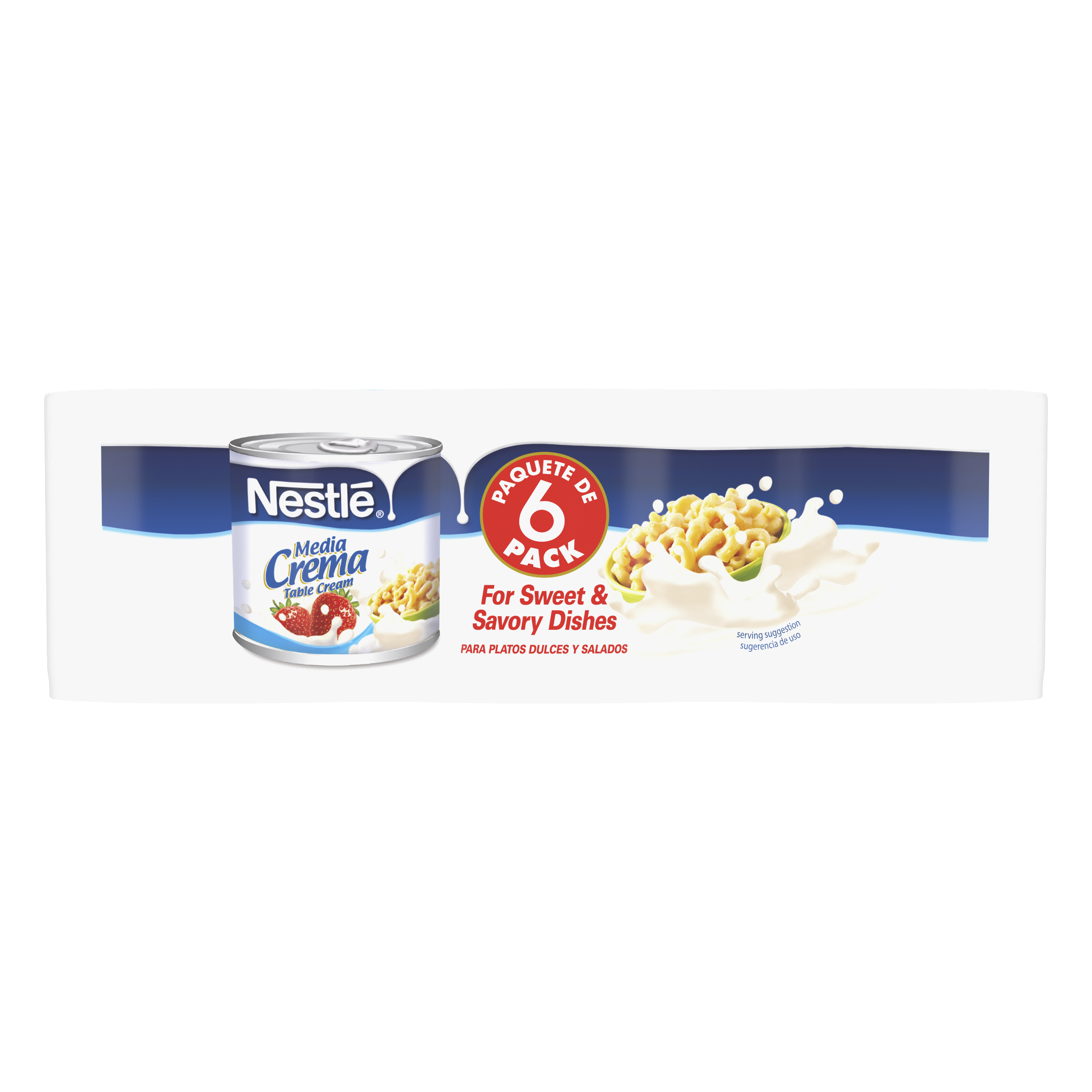 A can of Media Crema table cream with a blue label featuring strawberries, a bowl of macaroni, and cream.