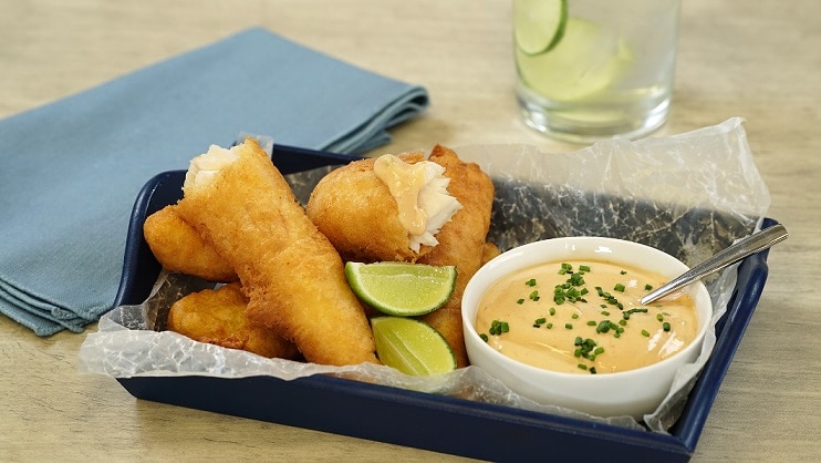 Battered Fish Strips with Creamy Dip