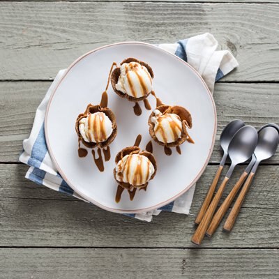 Churro Cups with Vanilla Ice Cream & Dulce de Leche Drizzle