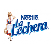 Logotipo de La Lechera con una muchacha repartidora de leche junto al nombre de la marca. 
