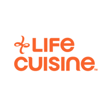 Logotipo de Life Cuisine con una flor anaranjada hecha con una L y una C.