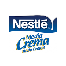 Logotipo de Media Crema con en el nombre de la marca en letra azul.