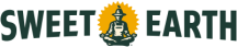 Logotipo de Sweet Earth con un granjero zen meditando frente al sol brillante.