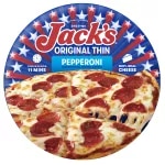 A package of pepperoni pizza with a blue label, a spatula under a pizza, and the Jack's logo on a blue wood background.