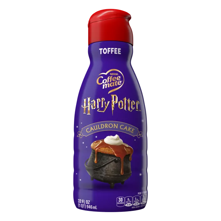 Front Center view of COFFEE-MATE(R) HARRY POTTER(R) Toffee Cauldron Cake Non-Dairy Creamer 32 oz Bottle 32 FL OZ (1 QT) 946 mL product.