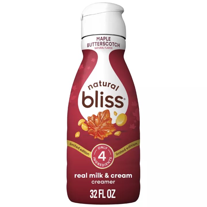 Front Center view of NESTLE COFFEE MATE NATURAL BLISS Liquid Creamer Maple Butterscotch 32floz Bottle 32 FL OZ (1 QT/946 mL) product.