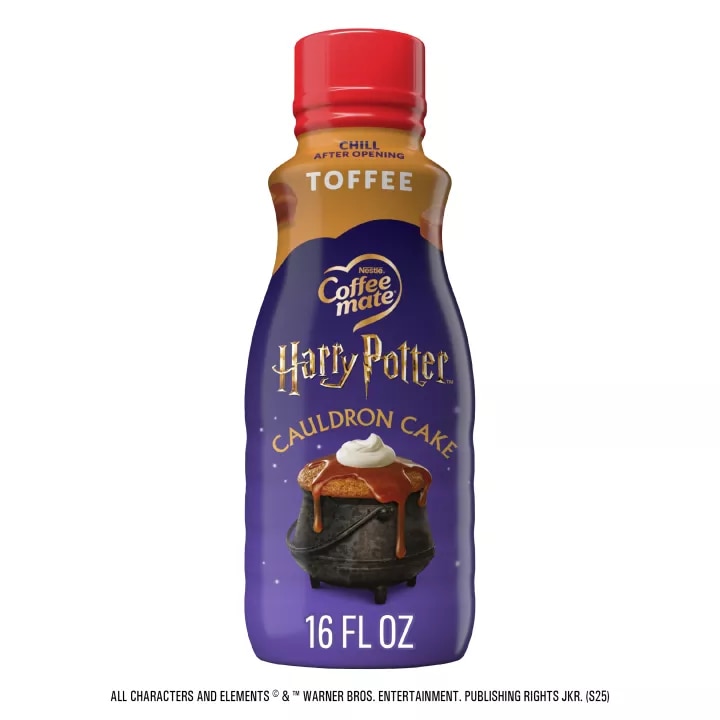 Front Center view of Coffee Mate Liquid Aseptic Creamer Toffee Cauldron Cake 16floz Bottle 16 FL OZ (1 PT) 473 mL product.